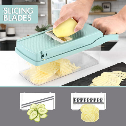 Ourokhome Vegetable Chopper Onion Cutter, 14 in 1 Professional Mandolin Slicer for Kitchen, Multifunctional Food Chopper for Potato, Tomato, Veggie with Strainer Basket, 10 Blades, Gray
