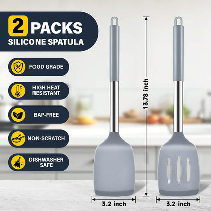 2 Pack Silicone Spatula Set, Solid & Slotted Turner for Non-Stick Pans, High Heat Resistant Silicone Spatula for Cooking, BPA-Free Stainless Steel Cooking Utensils for Fish, Eggs, Pancakes, Black