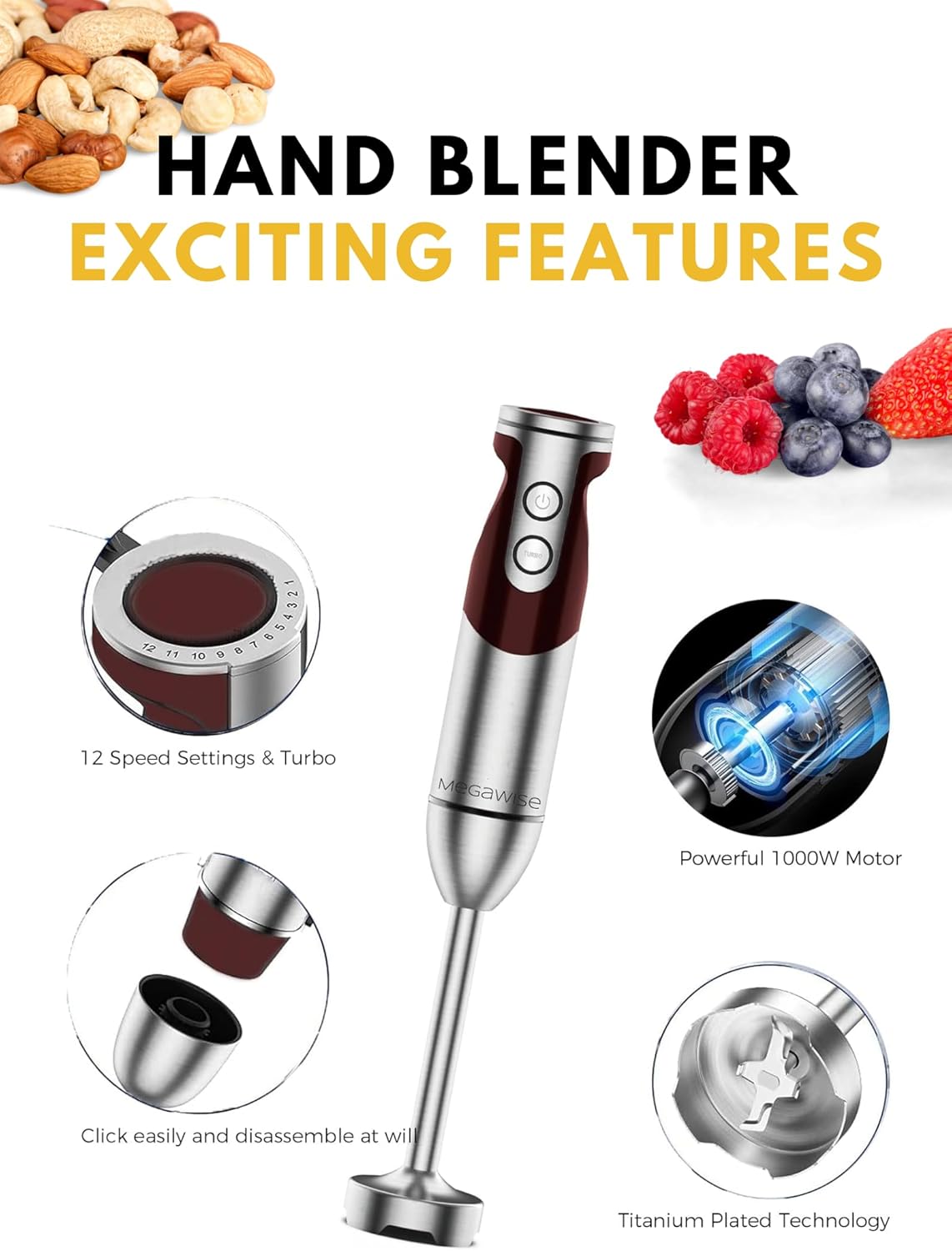Megawise High-Power Hand Blender – 400W Max Power with Versatile 3-in-1 Attachments (Blending Shaft, Whisk, Chopper); Ergonomic Design with Adjustable Speed Control; Easy to Clean and Maintain (Black)
