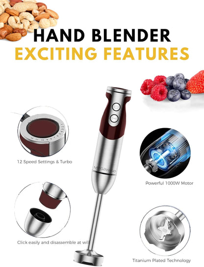 Megawise High-Power Hand Blender – 400W Max Power with Versatile 3-in-1 Attachments (Blending Shaft, Whisk, Chopper); Ergonomic Design with Adjustable Speed Control; Easy to Clean and Maintain (Black)