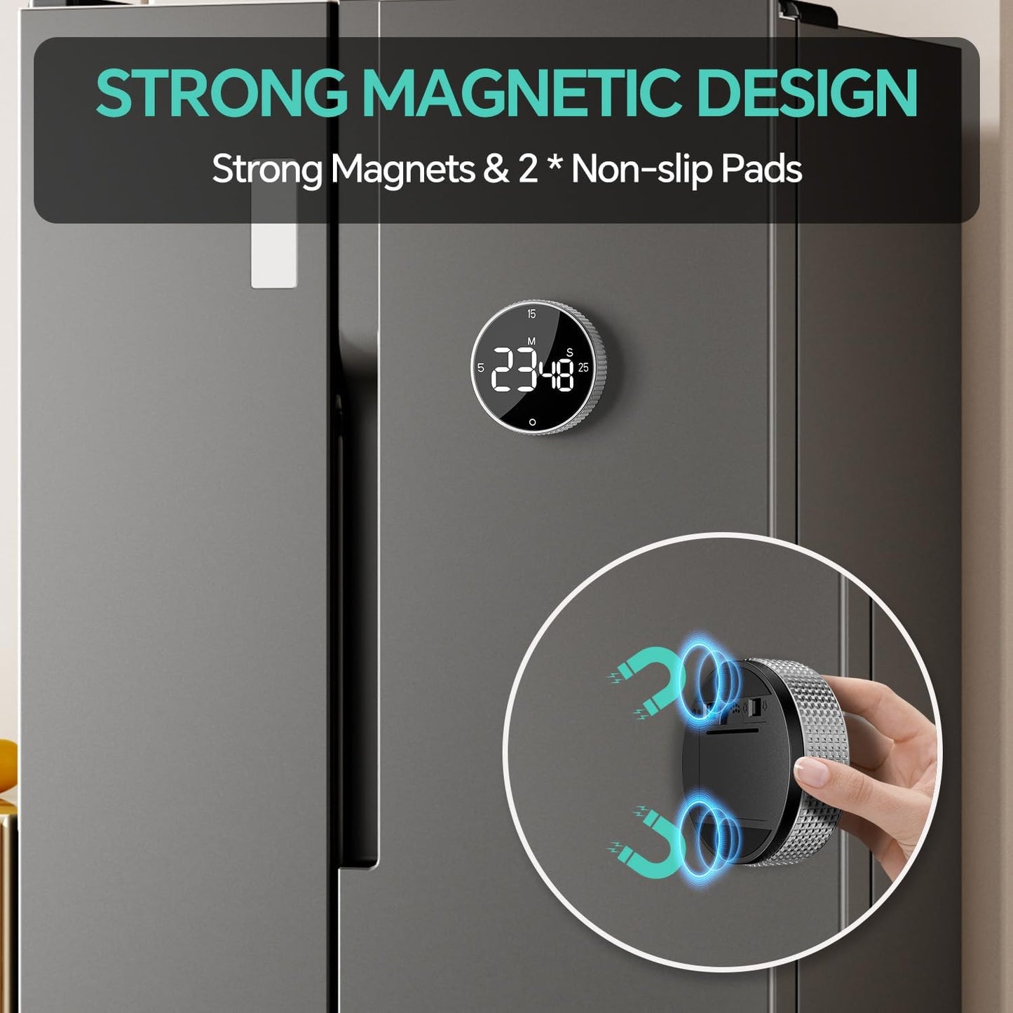 Digital Magnetic Kitchen Timer for Cooking, Large LED Visual Countdown Timer, Rotating Dial Pomodoro Focus Timer, Adjustable Volume, 5/15/25 Min Presets for Kids, Teachers, Seniors