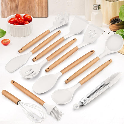 E-far Cooking Utensils Set of 6, Silicone Kitchen Utensils with Wooden Handle, Non-stick Cookware Friendly & Heat Resistant, Includes Spatula/Ladle/Slotted Turner/Serving Spoon/Spaghetti Server(Khaki)