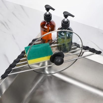 Tomorotec Triangle Foldable Dish Drying Rack, Small Roll-Up Stainless Steel Over Sink Drainer for Kitchen Sink Corner, Rustproof Multipurpose Organizer(Pink)