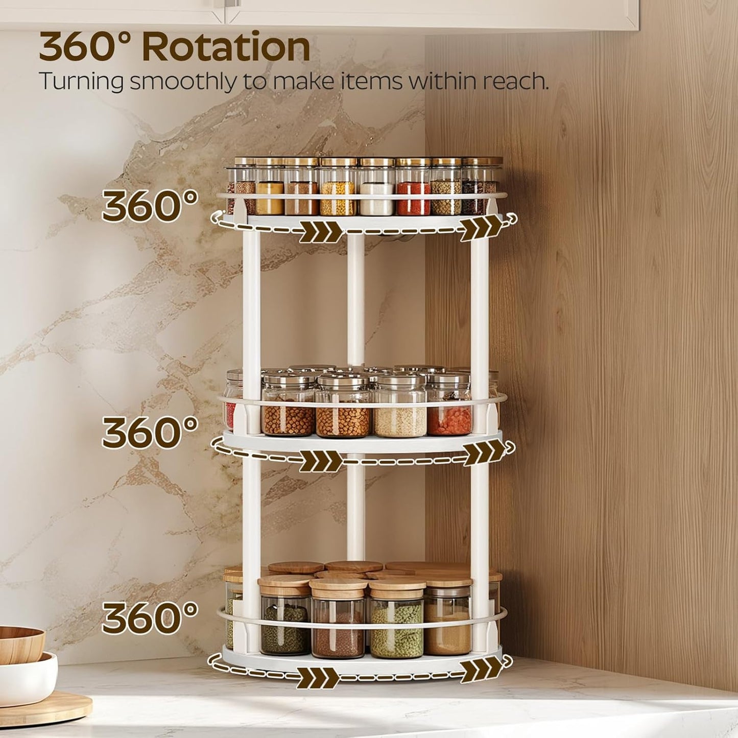 YATINEY Lazy Susan Organizer, Rotating Spice Rack, 2 Tier Spice Turntable Organizer, Industrial Turntable Spice Holder, for Kitchen Countertop and Cabinet, Compact and Versatile, Rustic Brown SR22BR