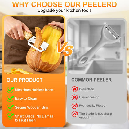 Multi-Functional Vegetable Peeler for Kitchen, with Wooden Handle and Bottle Opener, 2-in-1 Stainless Steel Blade Kitchen Tool for Fruit Apple Potato Pumpkin Papaya(2pcs)