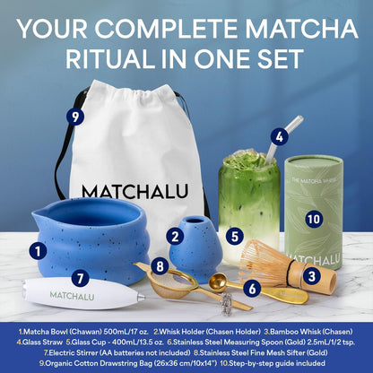 Matcha Whisk Set With Ceramic Matcha Bowl, Bamboo Whisk & Holder, Stainless Steel Spoon & Sifter, Glass Cup & Straw, Electric Frother, Storage Bag - Gift for Matcha Lovers (Premium 9-Piece Set White)