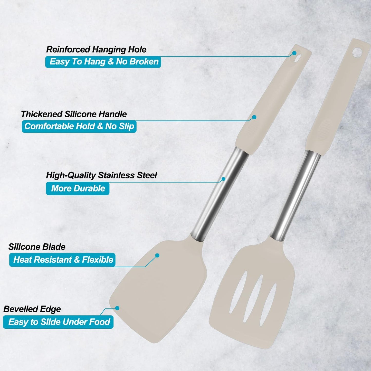 2 Pack Spatulas, Solid & Slotted Silicone Spatula Set, Stainless Steel Handle Coated with Silicone, Non Stick Turners, Heat Resistant Rubber Spatulas for Fish, Eggs, Pancakes, WOK, Black