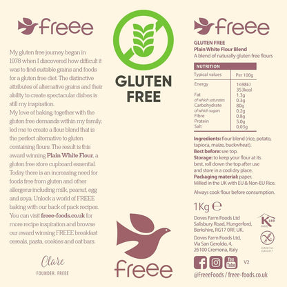 freee Plain White Flour Bag 2.2 lb (1 kg) | Gluten Free All-Purpose Flour Blend for Baking Bread, Cakes, Pastries & Cookies | Vegan, Kosher, Halal Certified | Imported from UK
