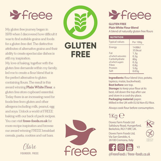 freee Plain White Flour Bag 2.2 lb (1 kg) | Gluten Free All-Purpose Flour Blend for Baking Bread, Cakes, Pastries & Cookies | Vegan, Kosher, Halal Certified | Imported from UK