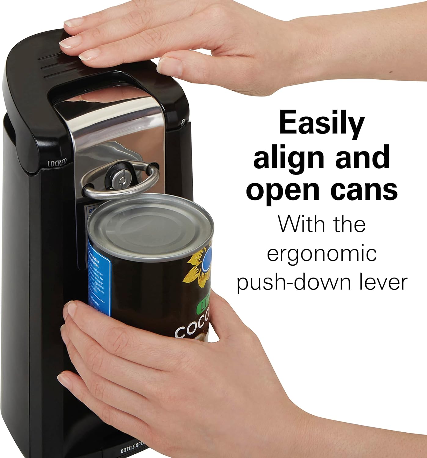 Hamilton Beach Smooth Touch Electric Automatic Can Opener with Easy Push Down Lever, Eliminates Sharp Edges, Opens All Standard-Size and Pop-Top Cans, Extra Tall, Black and Chrome (76606AG)