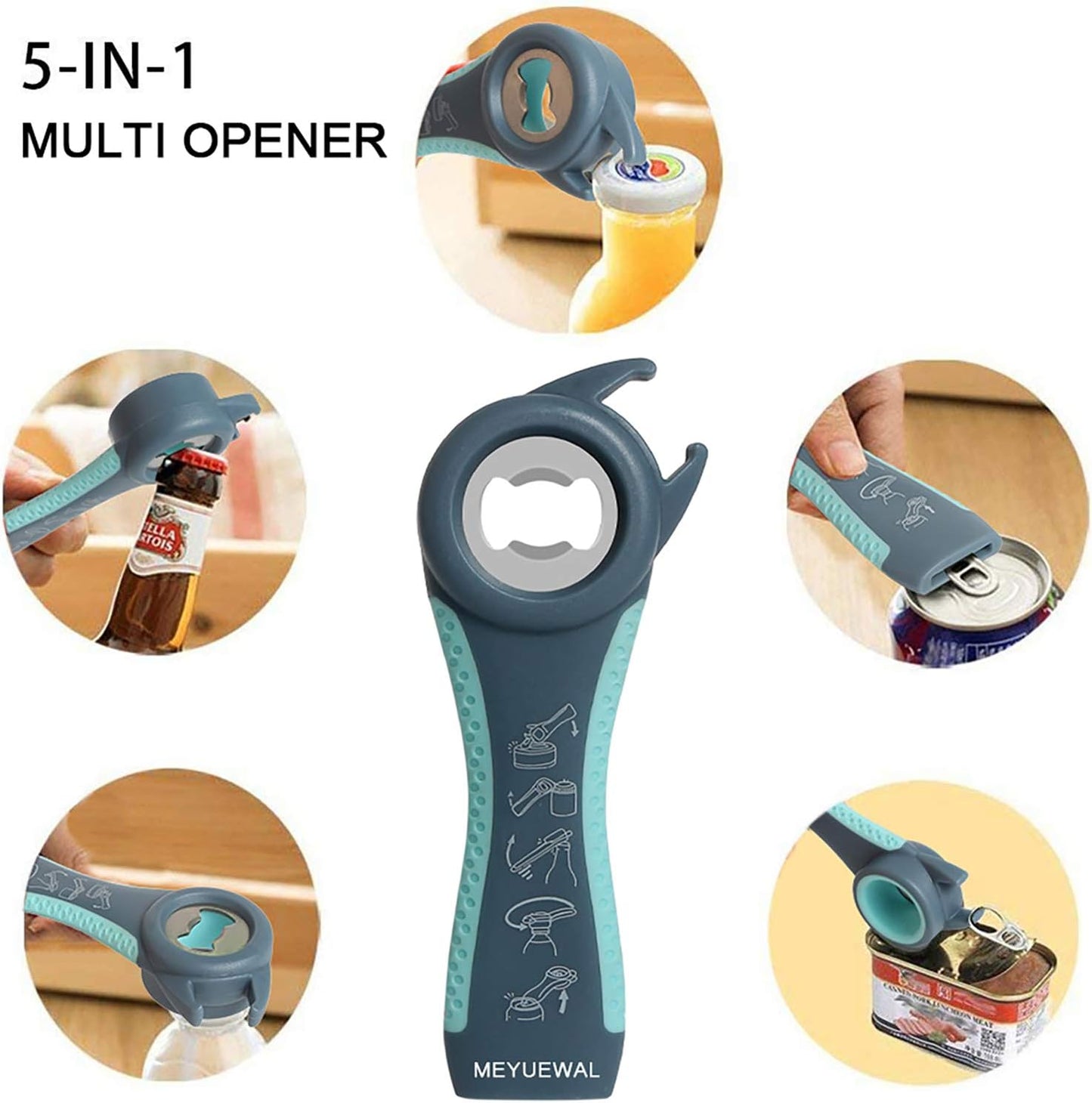 Jar Opener, 5 in 1 Multi Function Can Opener Bottle Opener Kit with Silicone Handle Easy to Use for Children, Elderly and Arthritis Sufferers (Apple Red）