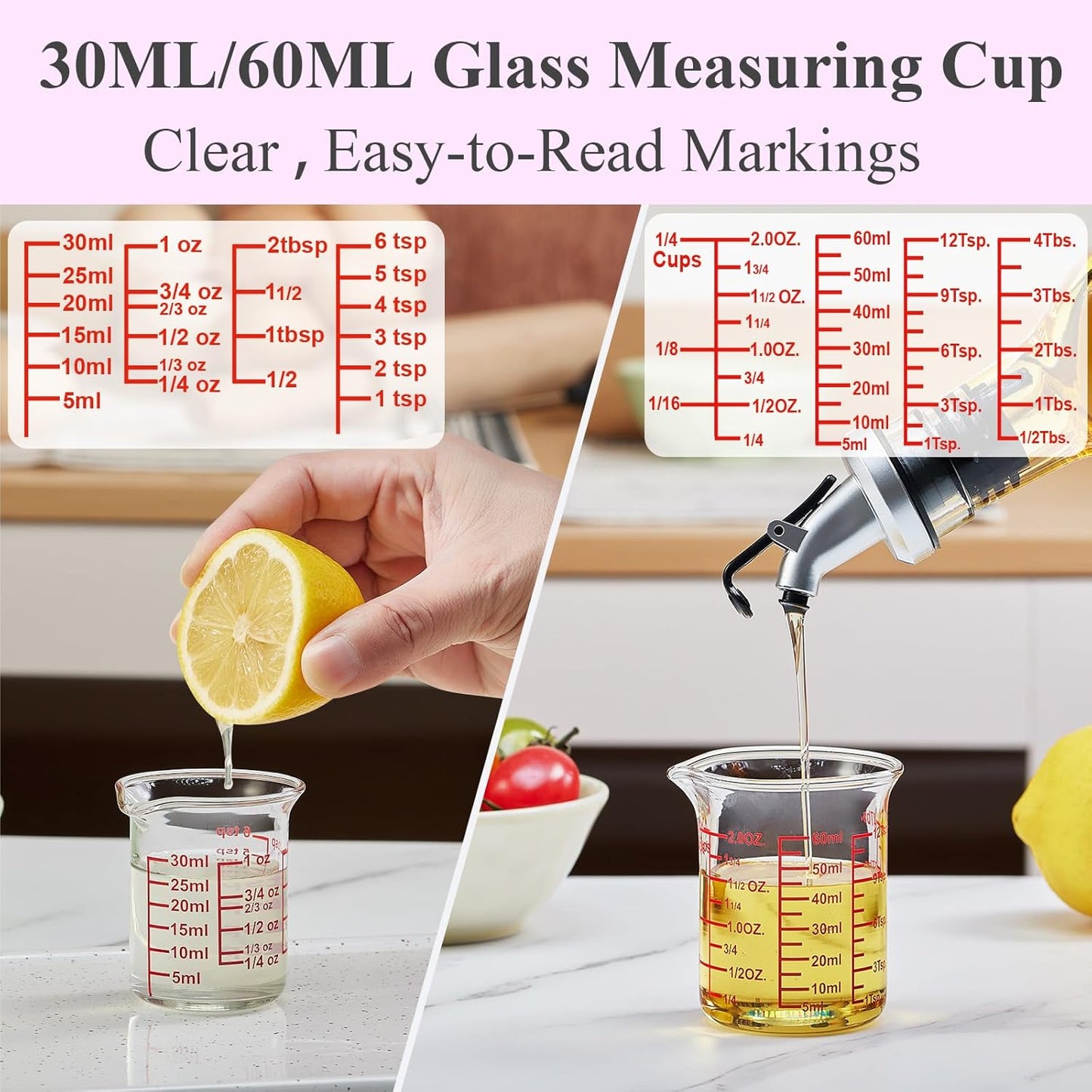 High Borosilicate Glass Measuring Cup-V-Shaped Spout，Glass Measuring Beaker for Kitchen or Restaurant, Easy to Read, 60 ML (2 Oz)-Pack of 2