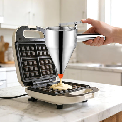 Pancake Batter Dispenser,40oz Stainless Steel Funnel Cake Dispenser,with Lids,Stand,4 Silicone Nozzles,Brush,Egg Beater,Easy Control Batter Dispenser for Pancakes,Cupcakes, Funnel Cakes,Muffins & More