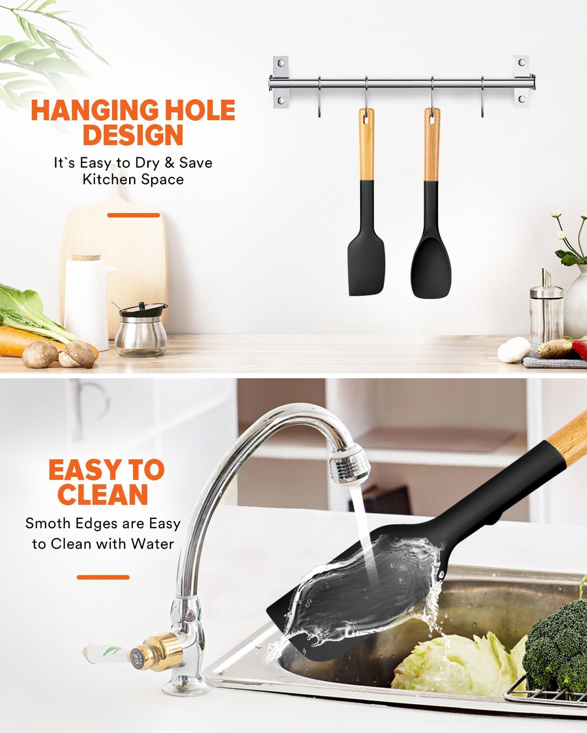 Silicone Spatula and Spoonula Set, Great For Stirring, Tough Mixing and Folding, Sturdy Bpa-Free Matte Silicone, Wooden Handle Rubber Scraper For Nonstick Cookwares (Grey)