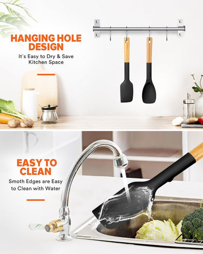 Silicone Spatula and Spoonula Set, Great For Stirring, Tough Mixing and Folding, Sturdy Bpa-Free Matte Silicone, Wooden Handle Rubber Scraper For Nonstick Cookwares (Grey)