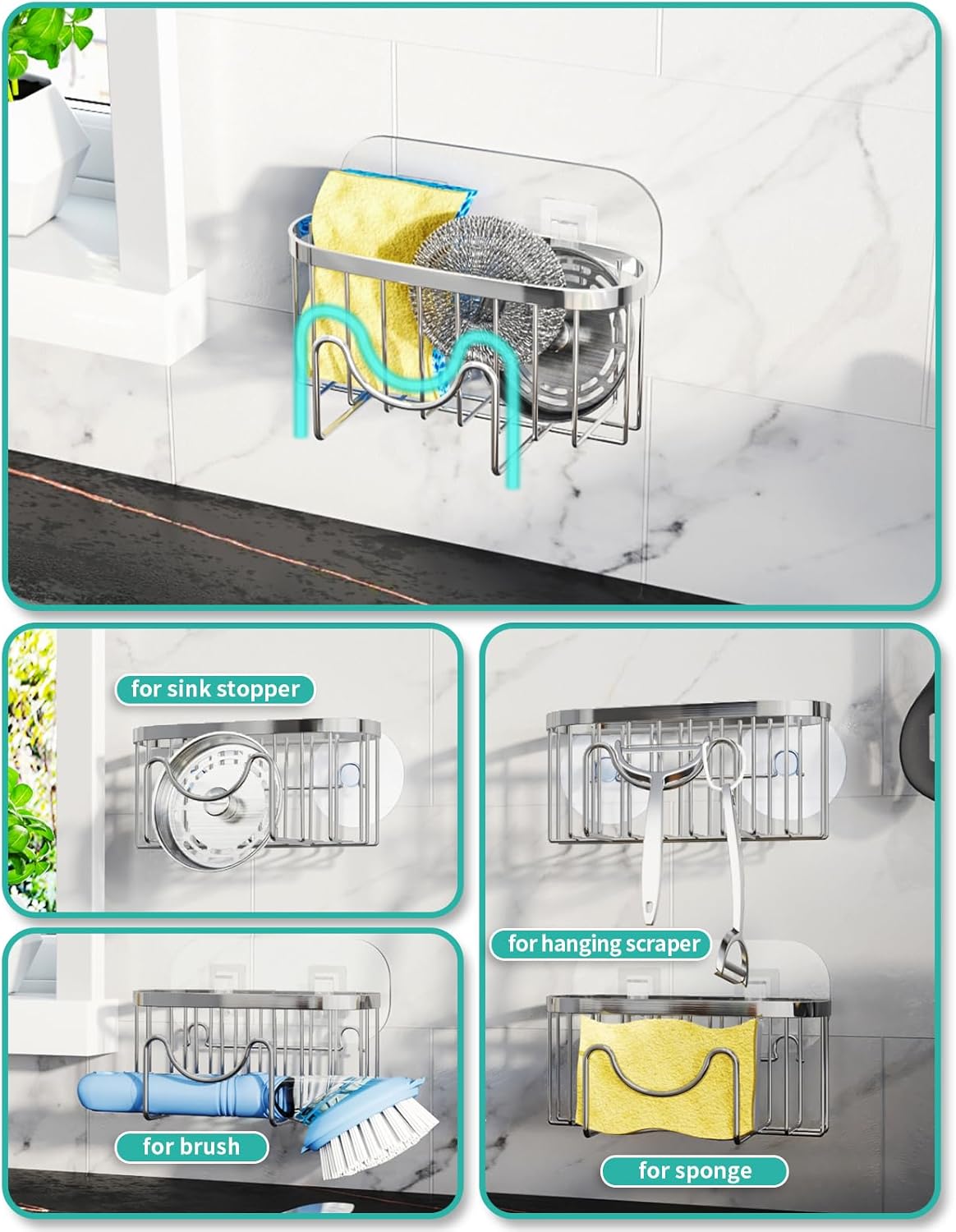 HapiRm Multifunctional Sponge Holder with Unique M-Shaped, 2 Installation Methods Kitchen Sink Caddy Organizer, Rustproof Stainless Steel Kitchen Organizers and Storage Essentials - Black