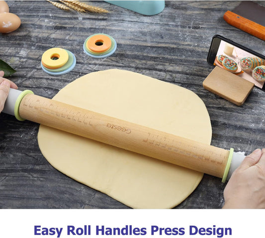 Geesta Adjustable Wood Rolling Pin with 5 Thickness Rings, Precise Dough Roller Handle Press Design with Measurement Guide for Fondant, Pizza, Pie Crust, Cookie, Pastry Baking Decorating Accessories