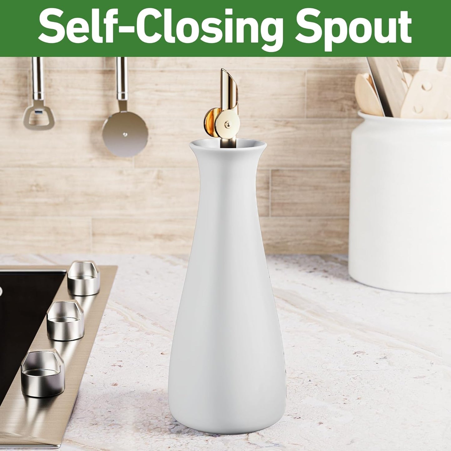 HB Design Co. Ceramic Olive Oil Dispenser with Self-Closing Gold Spout - 530 ML Capacity Matte White Ceramic Oil Dispenser for Kitchen - Leak Proof EVOO Dispensing Bottle