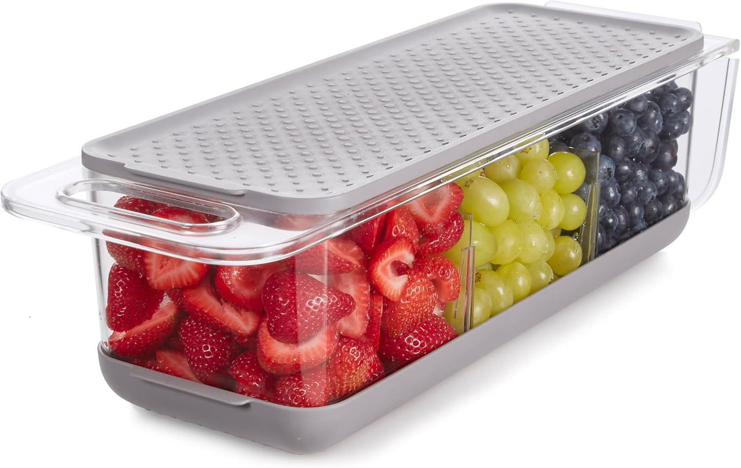 Copco Over the Sink Colander and Fridge Storage Bin with Folding Handle for Rinsing and Storing Fruits and Vegetables, Clear/Gray
