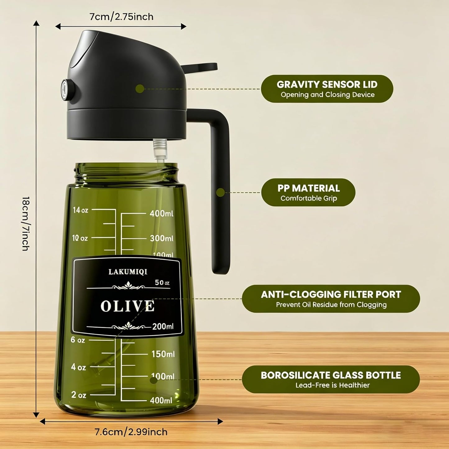 LAKUMIQI 2-in-1 Olive Oil Sprayer for Air Fryer – 16oz Glass Oil Dispenser & Cooking Oil Mister – Spray & Pour Bottle, Non-Aerosol, Leak-Resistant, for Salad, BBQ, Kitchen