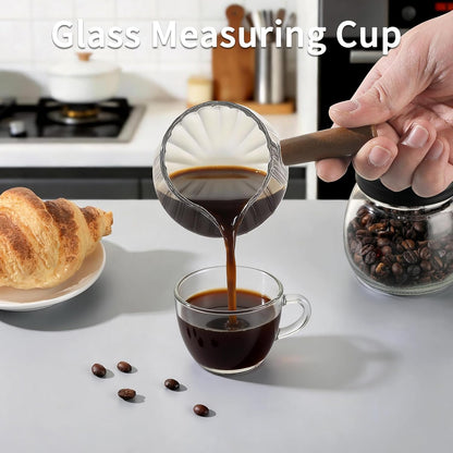 Mongdio 6OZ Espresso Measuring Cup with Wooden Handle, Glass Measuring Cup with Dual Scale Markings, Espresso Shot Cups, Milk Frothing Pitcher for Coffee, Milk