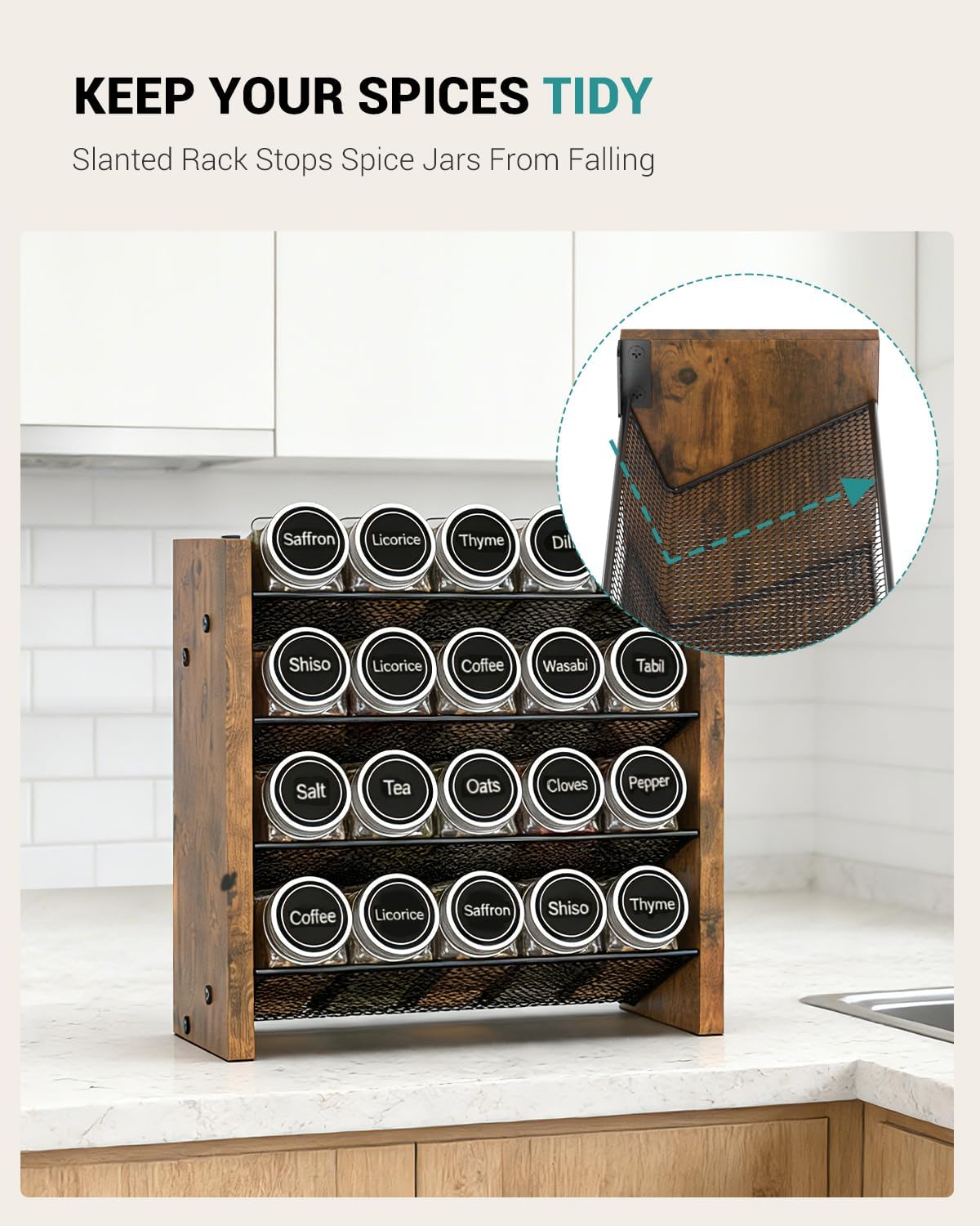 NESAPTO Spice Rack Organizer for Cabinet, Wood 4-Tier Vertical Seasoning Organizer, Wall Mount or Countertop Spice Shelf, Holds 28 Jars (No Jars Included), 14" W x 9.4" H