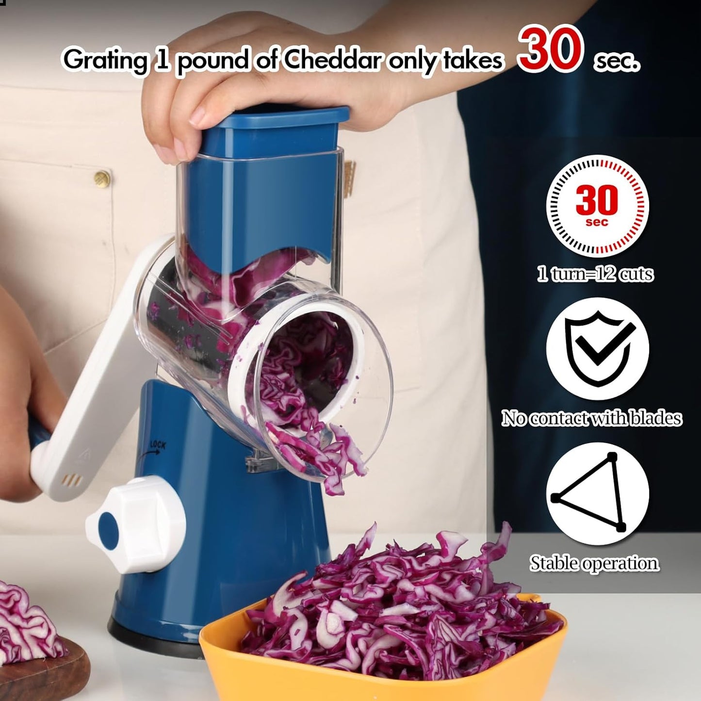 Ourokhome Rotary Cheese Grater Hand Crank, Kitchen Shredder Speed Mandolin Slicer Nut Grinder with Handle and Drum Blades for Cheese, Vegetable, Walnut, Chocolate, Potato, Carrot, 3 Blades, Dark Blue
