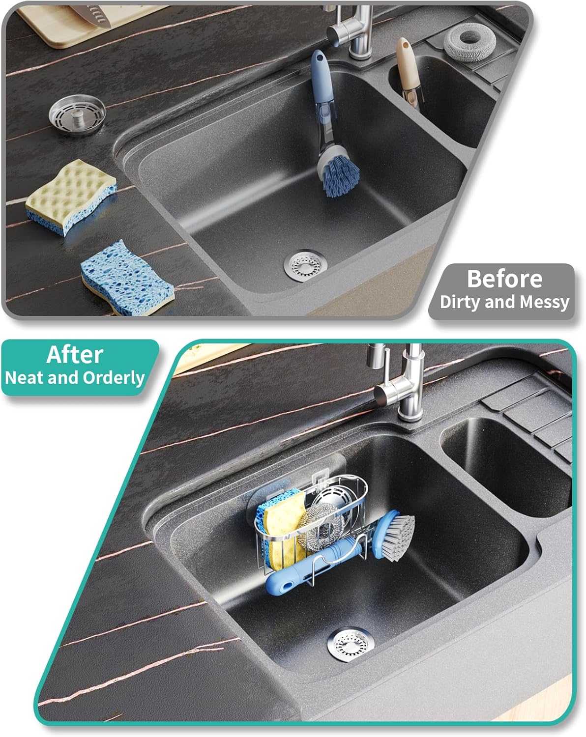 HapiRm Multifunctional Sponge Holder with Unique M-Shaped, 2 Installation Methods Kitchen Sink Caddy Organizer, Rustproof Stainless Steel Kitchen Organizers and Storage Essentials - Black