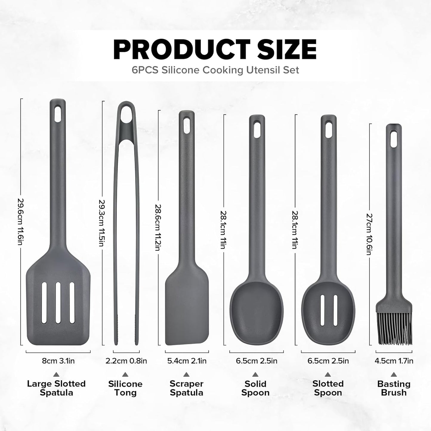 Silicone Kitchen Utensils Set, Heat Resistant Cooking Utensil with Spoon, Scraper, Spatula, Basting Brush & Tongs, BPA-free Non-stick Cookware for Frying, Basting, Serving, Grilling (6 Pack) (GREY)
