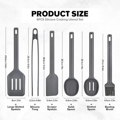 Silicone Kitchen Utensils Set, Heat Resistant Cooking Utensil with Spoon, Scraper, Spatula, Basting Brush & Tongs, BPA-free Non-stick Cookware for Frying, Basting, Serving, Grilling (6 Pack) (GREY)
