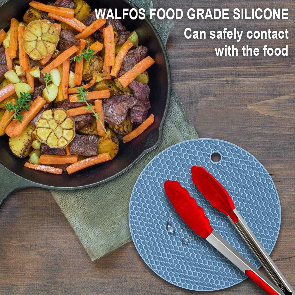 Walfos Silicone Trivet Mats - 4 Heat Resistant Pot Holders, Multipurpose Non-Slip Hot Pads for Kitchen Potholders, Hot Dishers, Jar Opener, Spoon Holder, Food Grade Silicone & BPA Free (Black)