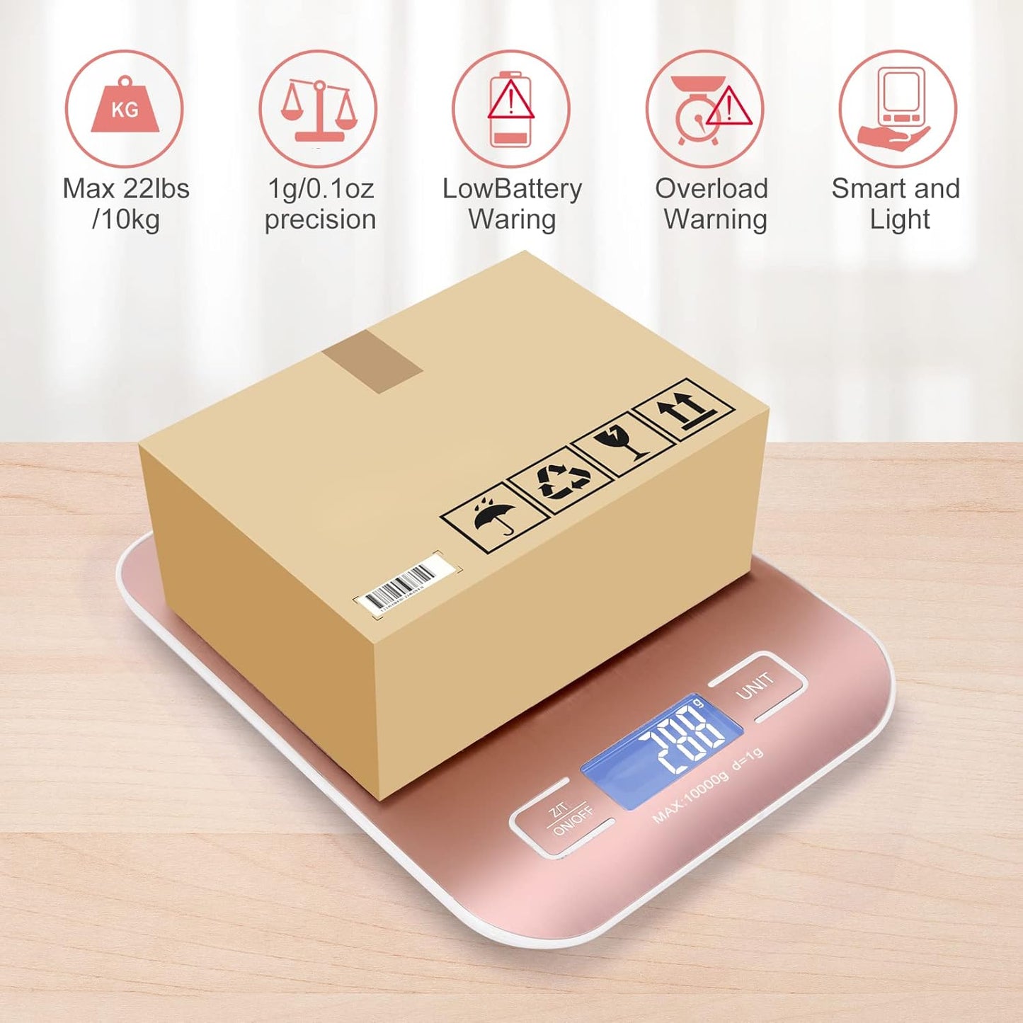 Digital Shipping Scale,Stainless Steel Panel, Accurate Portable Postal Scale for Packages, Small Business,Kitchen, Food, Handmade, Liquids, and Boutique (Rose Gold Battery(5kg/1g))