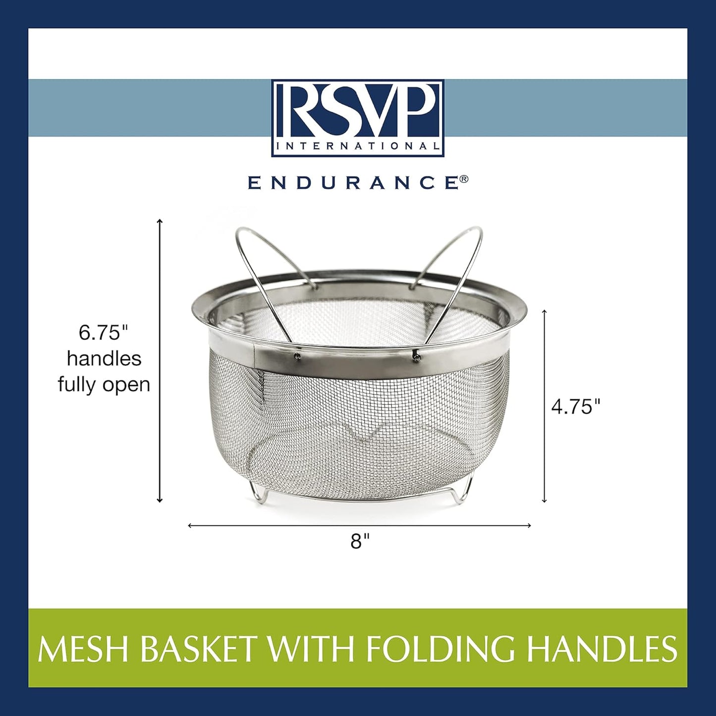 RSVP International Mesh Colander Strainer Basket with Folding Handles, 3 Quarts | For Pasta, Frying, & Salads | Dishwasher Safe | Use in Pressure Cookers | Steaming, Draining & Rinsing