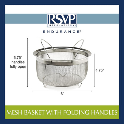 RSVP International Mesh Colander Strainer Basket with Folding Handles, 3 Quarts | For Pasta, Frying, & Salads | Dishwasher Safe | Use in Pressure Cookers | Steaming, Draining & Rinsing