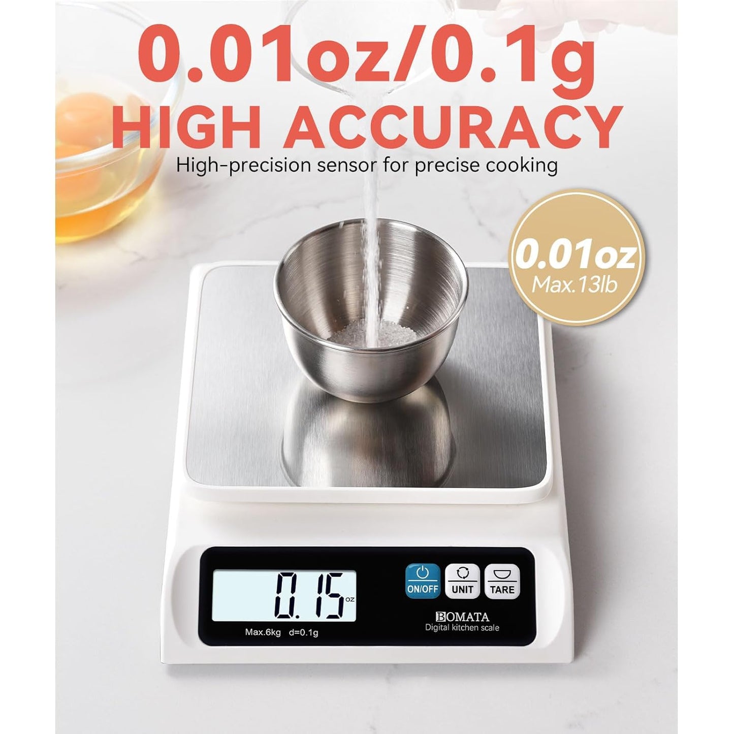 BOMATA 0.1g/ 13lb Food Scale, Digital Kitchen Scale with Removable Stainless Steel Pan, Backlit LCD Display, for Cooking, Baking B621 Grey
