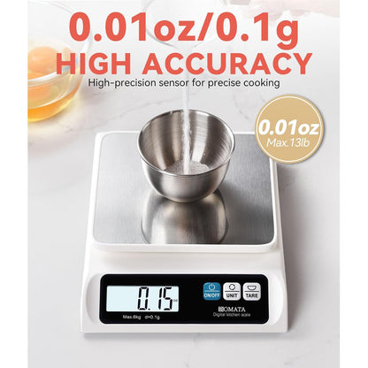 BOMATA 0.1g/ 13lb Food Scale, Digital Kitchen Scale with Removable Stainless Steel Pan, Backlit LCD Display, for Cooking, Baking B621 Grey