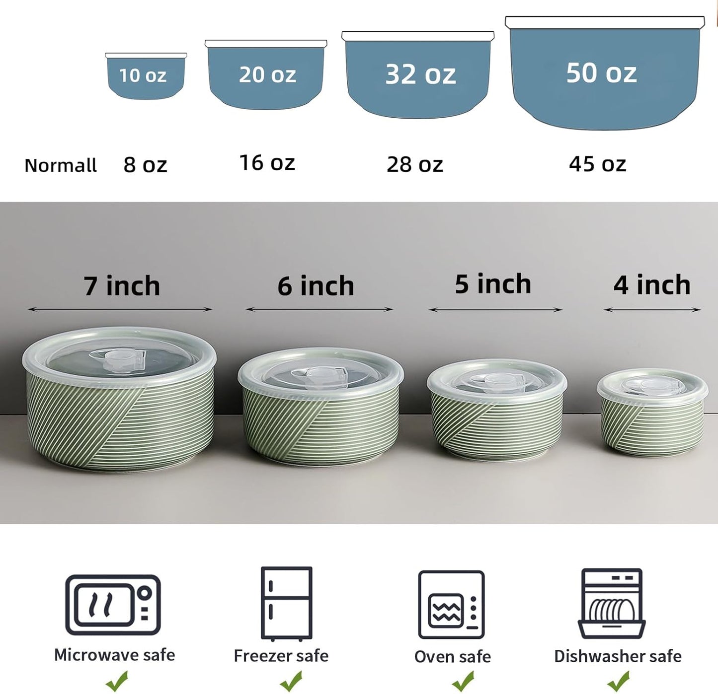 Ceramic Nesting Bowls with Lids: Mixing Bowls with Lids - Porcelain Food Storage Containers For Prep and Serving, Microwavable Kitchen Bowl Set of 4, 50/32/20/10 oz (White)