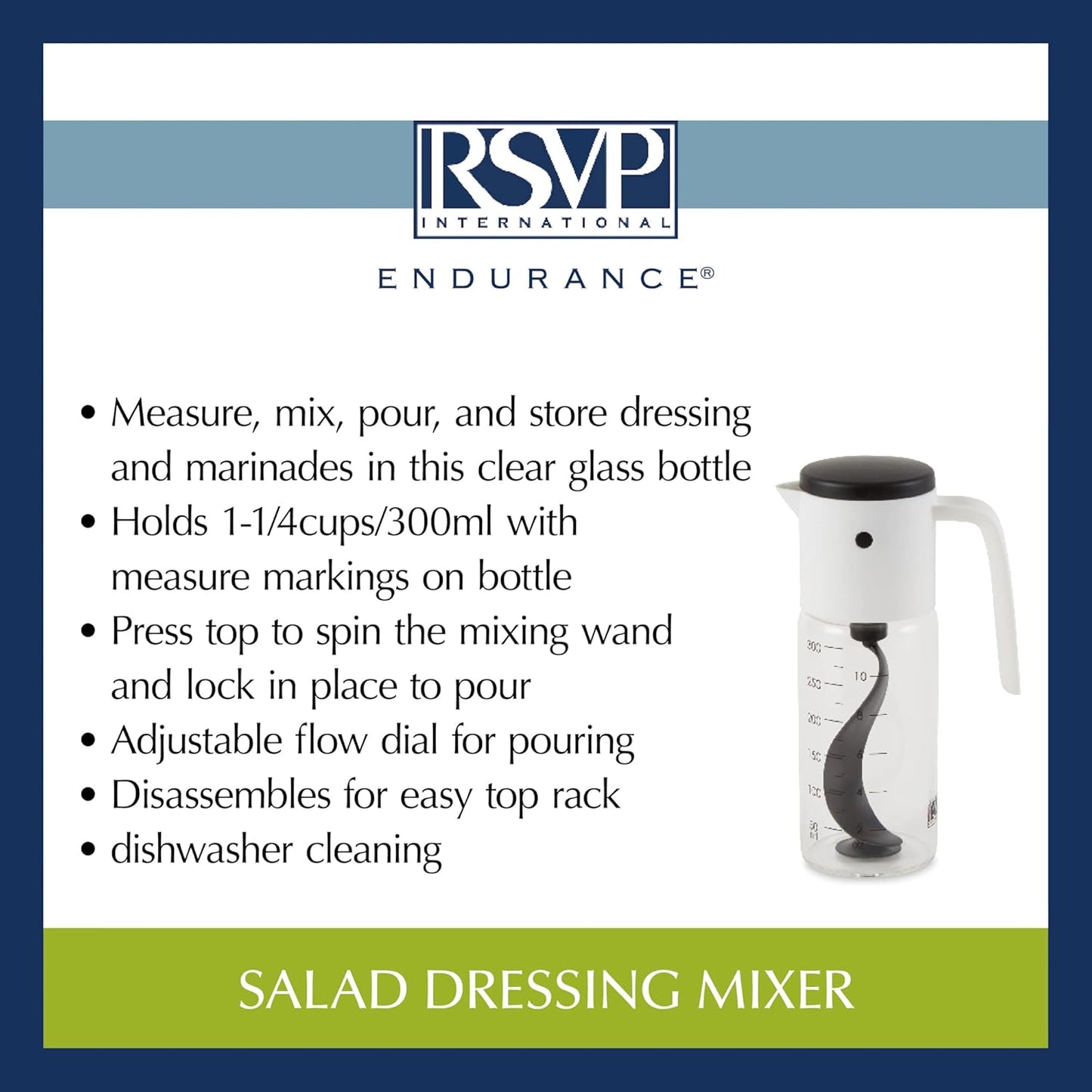 RSVP International Kitchen Accessories Collection Oil & Dressing, Mixer, 1.25 Cup Capacity, Glass Bottom