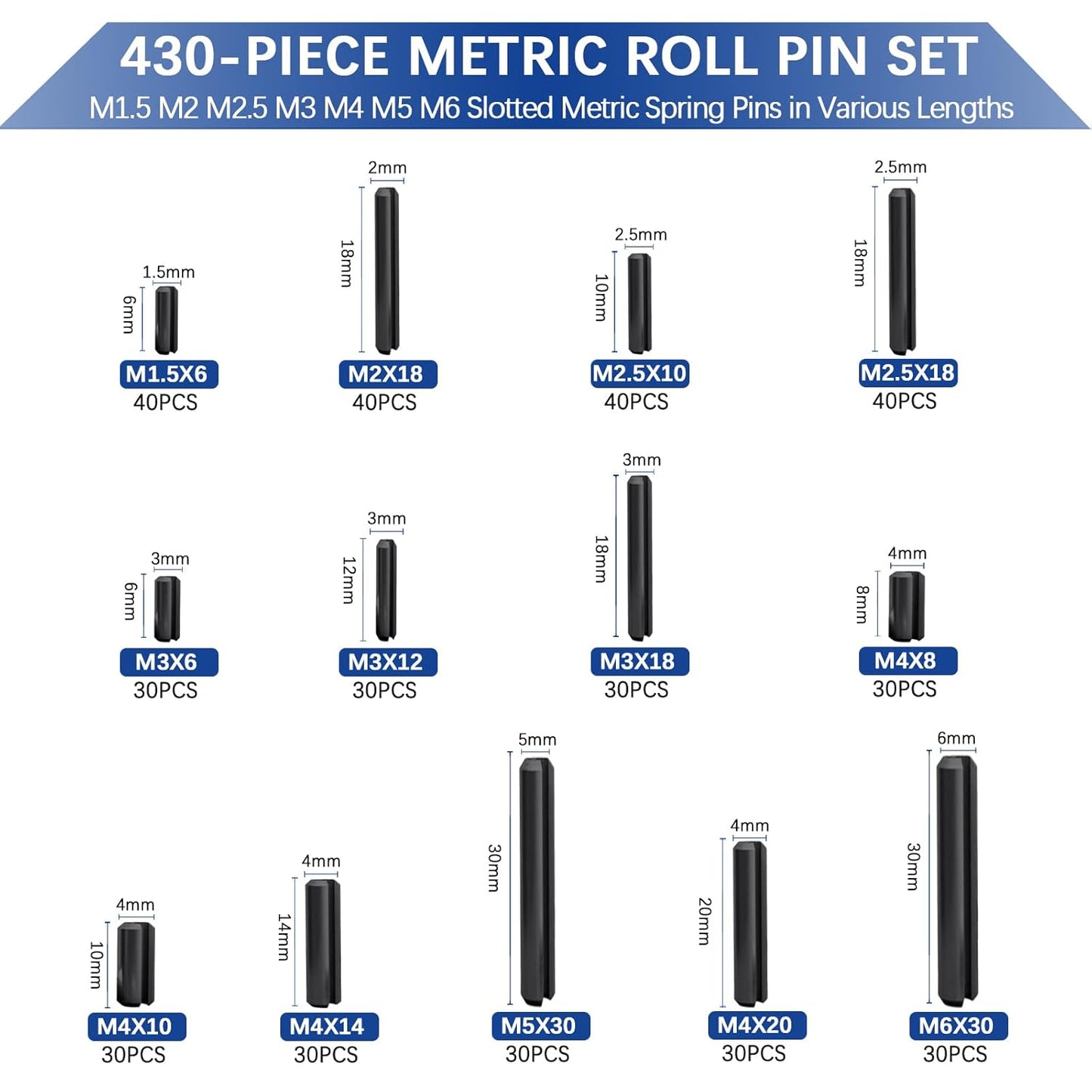 370 Pcs Roll pin Assortment, SAE Roll Pin Set, Slotted Spring Pins, Steel Split Expansion Pin, Black Roll Pins, 1/16 5/64 3/32 1/8 5/32 3/16 7/32 1/4 5/16 3/8 Inch Spring Dowel