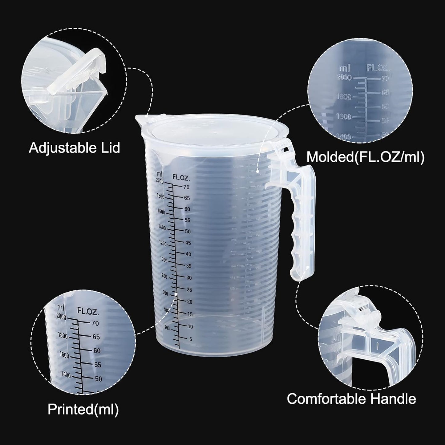 PATIKIL Graduated Beaker, 2 Pack 100ml PP Plastic Liquid Measuring Cup Double Sided Black Graduations with Handle Lid and Spout for Lab Kitchen Home