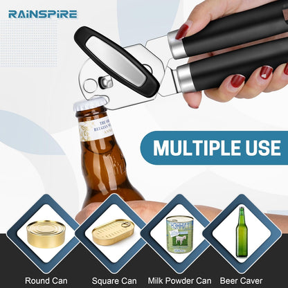 Rainspire Upgraded Can Opener Manual with Bottle Opener Smooth Edge Cut, Can Opener Heavy Duty, Comfortable Soft Handle, Built-in Bottle Opener, Black