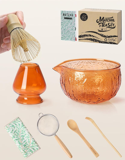 Matcha Whisk Set, 7 Pcs, Matcha Kit Includes Matcha Bowl, Matcha Whisk and Holder, Bamboo Scoop, Spoon, Sifter and Tea Towel, Matcha Set, Gift for Matcha Lovers & Beginners (Pink)