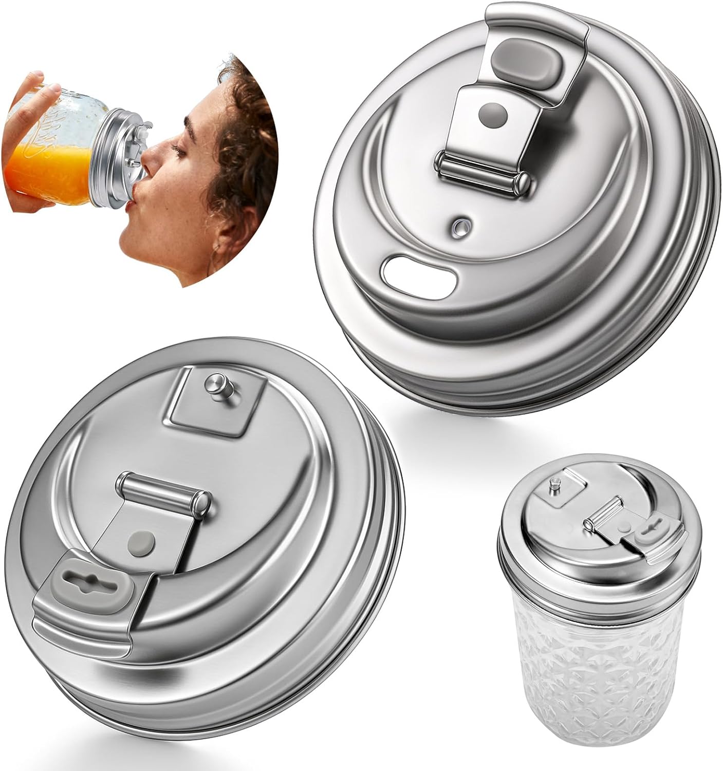 Mason Jar Pour Spout Lid Stainless Steel with Handle, Wide Mouth Pour Spout Flip Cap Lids for Mason Jars, Anticracking Leak Proof Seal Cover Airtight for Drinking Salad Dressing & Food Storing(2PCS)