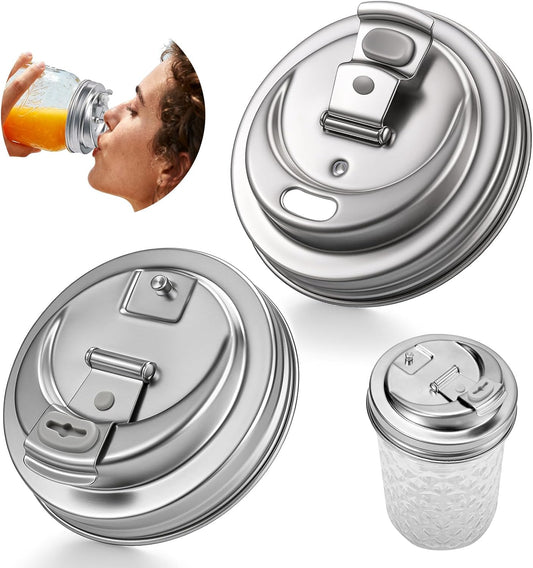 Mason Jar Pour Spout Lid Stainless Steel with Handle, Wide Mouth Pour Spout Flip Cap Lids for Mason Jars, Anticracking Leak Proof Seal Cover Airtight for Drinking Salad Dressing & Food Storing(2PCS)
