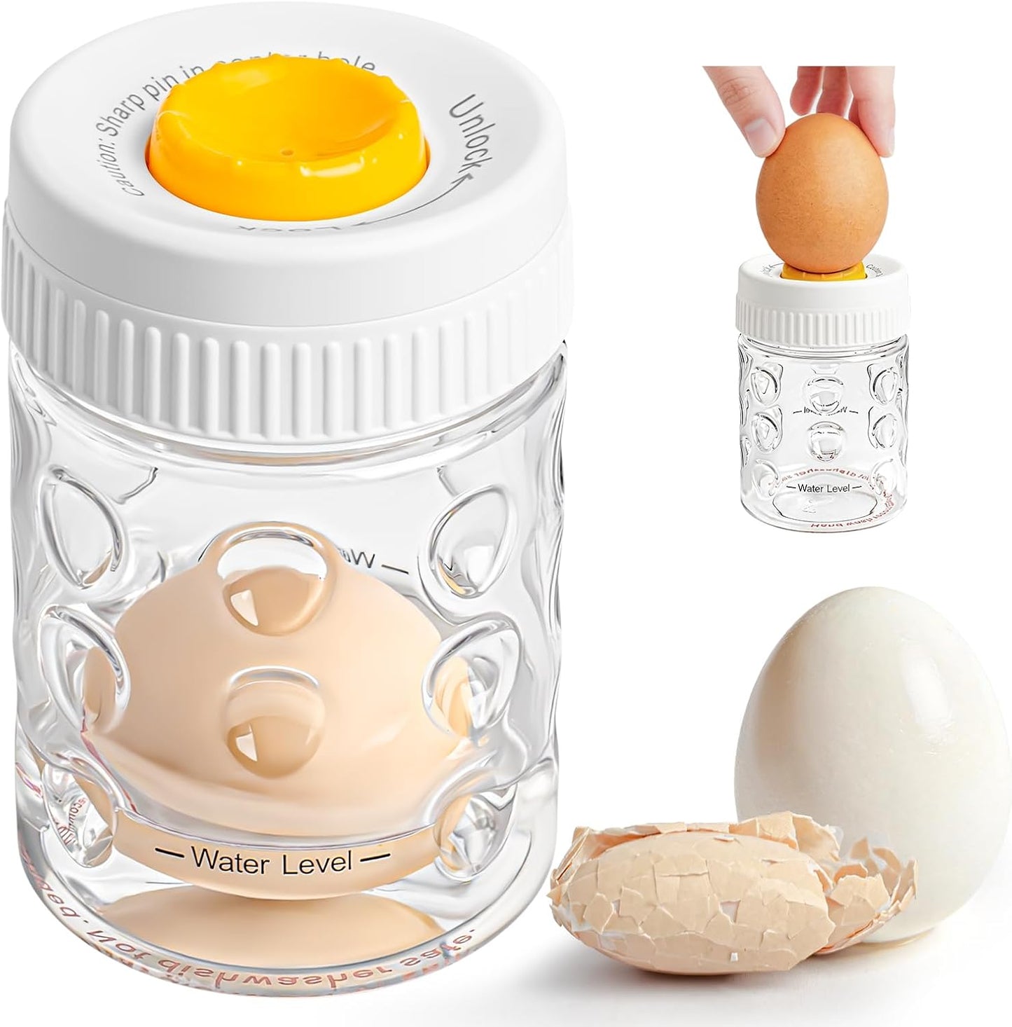 2 in 1 Egg Peeler with Piercer, Hard Boiled Egg Shell Remover Tool with Rotary Lock & Leak-Proof Design, Clear Egg Peeler for Meal Prep, Fitness, Camping & Deviled Eggs, Easy to Use & Clean (White)
