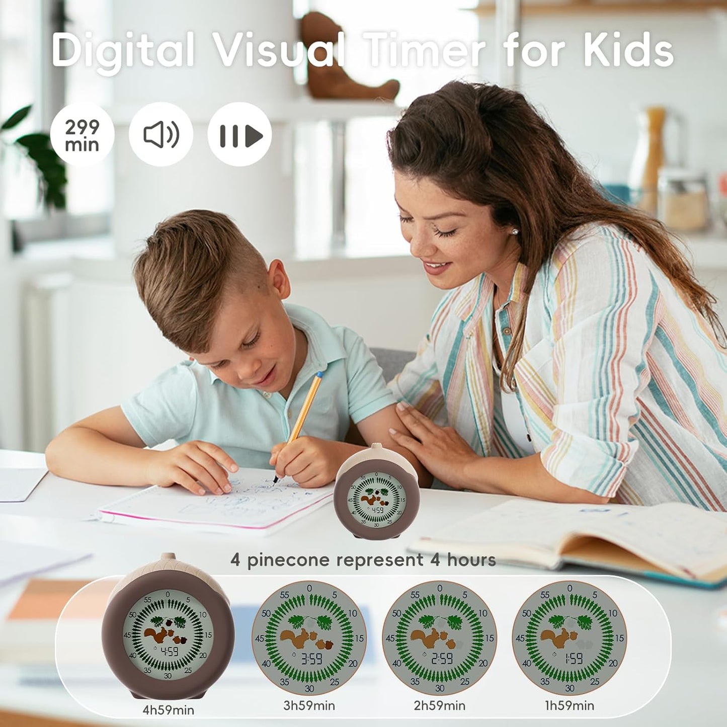 Tomato Visual Timer for Kids, 5h Cute Kids Pomodoro Countdown Timer, Kitchen Helper Timer, Visual Timer for Classroom, Office Desk and Meetings