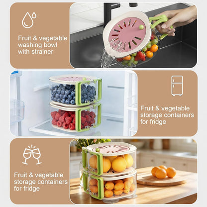 Fruit Vegetable Drain Basket Washing Bowl with Strainer, Multifunctional Produce Washer, Berry Container, Lettuce Keeper for Fridge Refrigerator Kitchen Organization