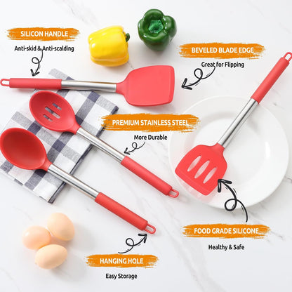 E-far Cooking Utensils Set of 4, Silicone Kitchen Utensils for Non-stick Cookware, Heat Resistant & Non-toxic Slotted Spatula Solid Spoon Turner for Flipping Mixing Serving Basting(Black)