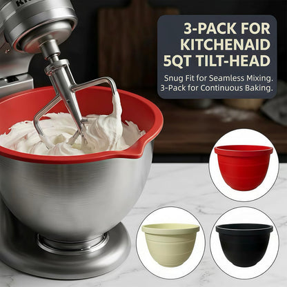 3-Pack Collapsible Silicone Bowl Liners Inserts for KitchenAid 5QT Tilt-Head Mixer Accessories, with Airtight Lids, Food Grade for Dough Proofing & Space-Saving Storage