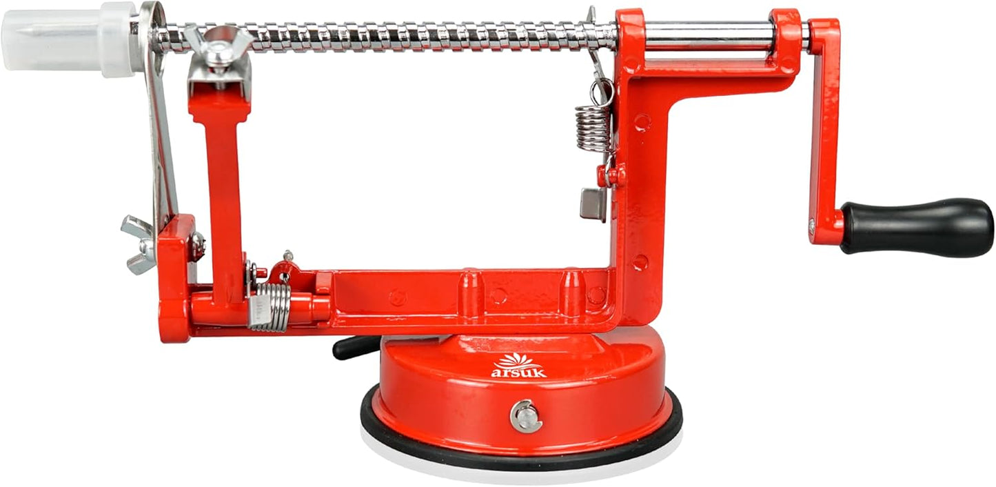 ARSUK Apple Peeler Corer Slicer with Suction Base – 3-in-1 Heavy Duty Cast Iron Hand Crank Machine for Potatoes & Pears – Stainless Steel Blades, Adjustable Arm, Quick Peeling & Spiral Slicing Tool